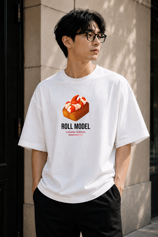 Male wearing Roll Model Lobster Edition Tee — lobster graphic on premium oversized white T-shirt by BonAppaTee