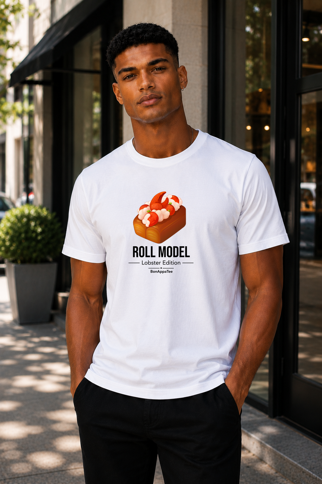 Male wearing Roll Model Lobster Edition Tee — lobster graphic on premium relaxed fit white T-shirt by BonAppaTee