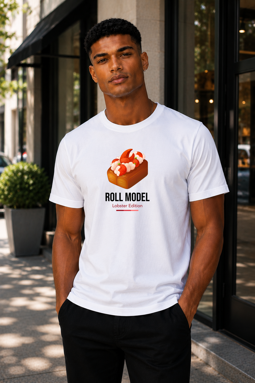 Male wearing Roll Model Lobster Edition — lobster graphic on premium relaxed fit white T-shirt by BonAppaTee