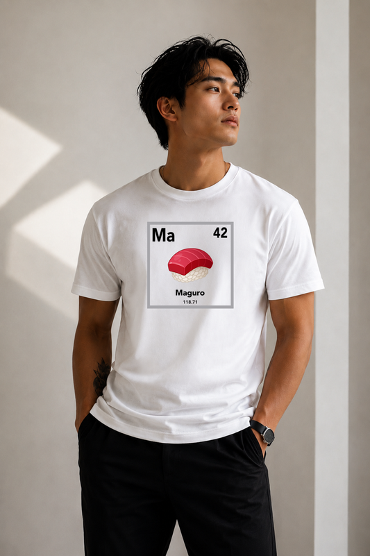Male wearing Maguro Element Tee — Japanese tuna graphic on premium relaxed fit white T-shirt by BonAppaTee