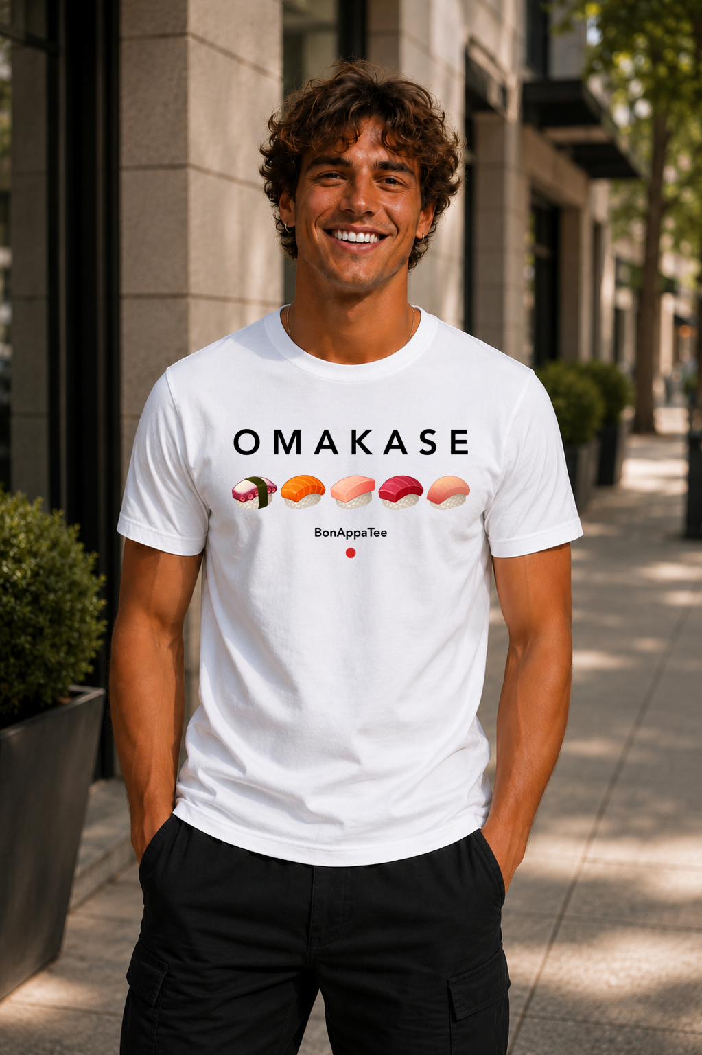 Male wearing Omakase — Japanese sushi graphic on premium relaxed fit white T-shirt by BonAppaTee