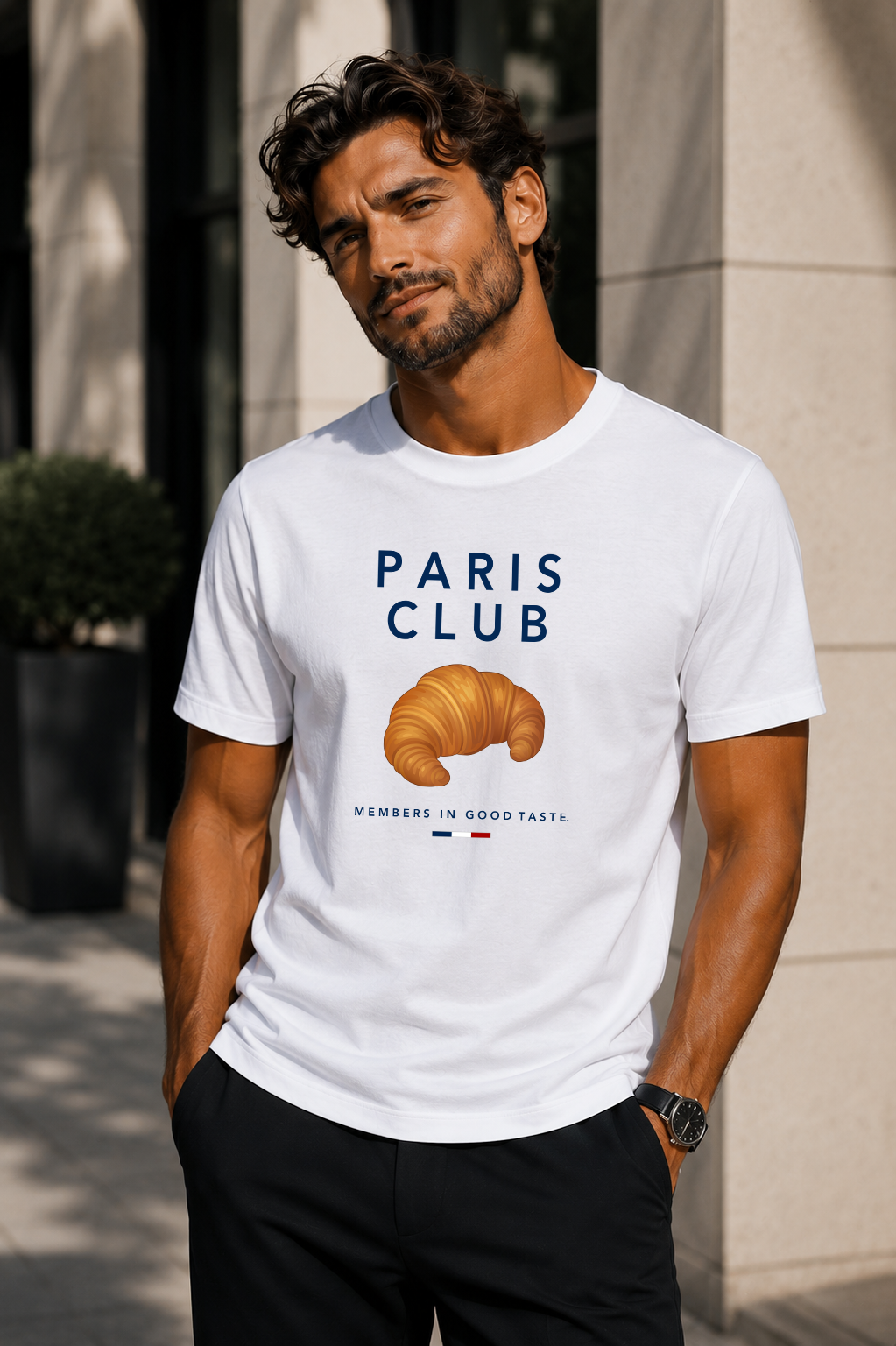 Male wearing Paris Club Tee — croissant graphic on premium relaxed fit white T-shirt by BonAppaTee