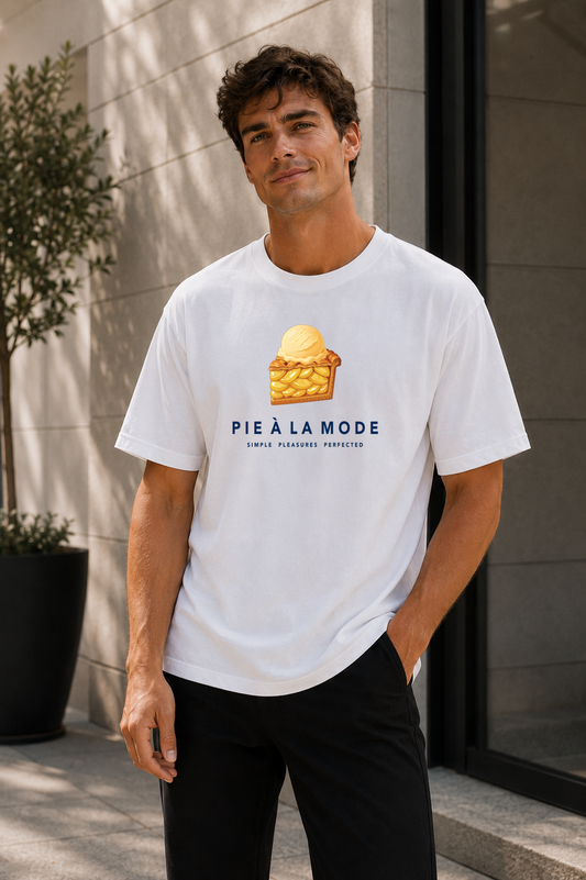 Male wearing Pie À La Mode — apple pie graphic on premium oversized white T-shirt by BonAppaTee
