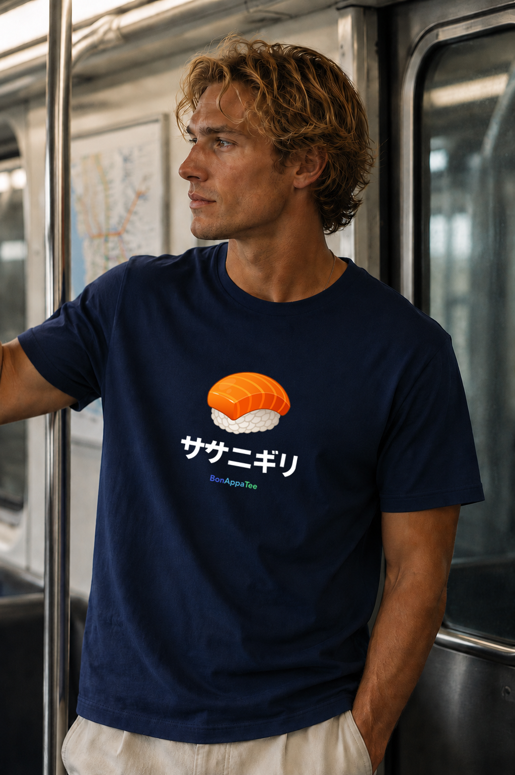 Male wearing Sake Nigiri Tee — Japanese sushi graphic on premium relaxed fit navy T-shirt by BonAppaTee