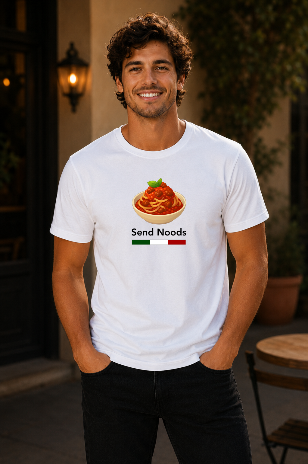 Male wearing Send Noods Tee — pasta graphic on premium relaxed fit white T-shirt by BonAppaTee