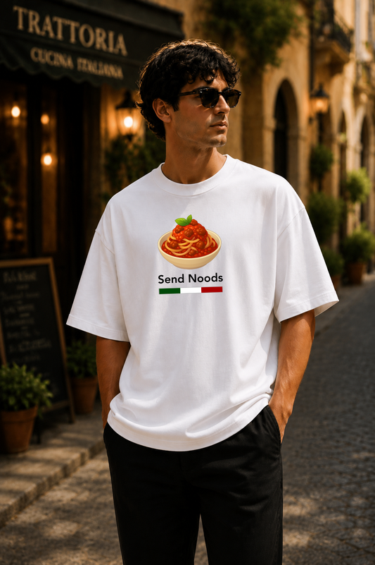 Male wearing Send Noods Tee — pasta graphic on premium oversized white T-shirt by BonAppaTee
