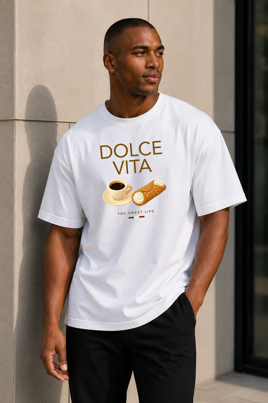 Male wearing Sicilian Society Tee — Italian café graphic on premium oversized white T-shirt by BonAppaTee