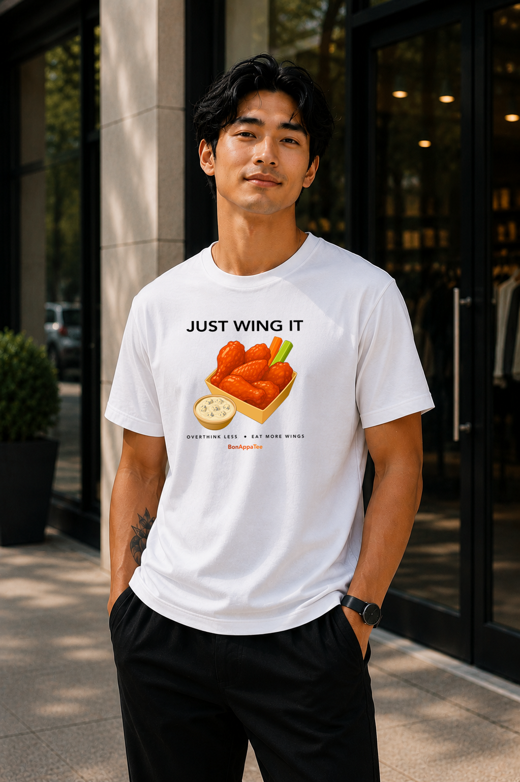 Male wearing Wing It Tee — chicken wings graphic on premium relaxed fit white T-shirt by BonAppaTee