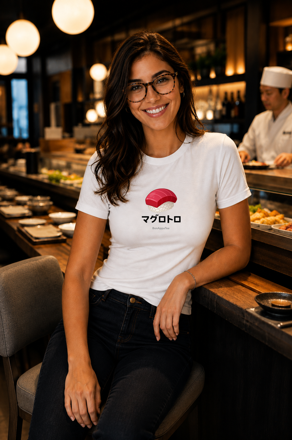 Female wearing Maguro Toro Tee — Japanese bluefin tuna graphic on women's fitted white T-shirt by BonAppaTee