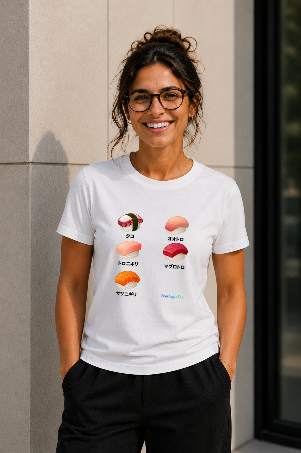 Female wearing Omakase Tee — Japanese sushi graphic on premium relaxed fit white T-shirt by BonAppaTee