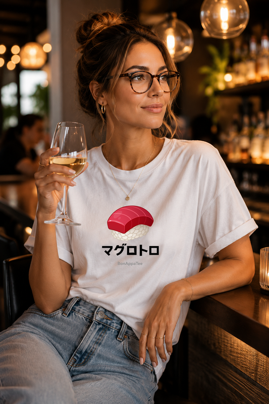 Female wearing Maguro Toro Tee — Japanese bluefin tuna graphic on premium relaxed fit white T-shirt by BonAppaTee