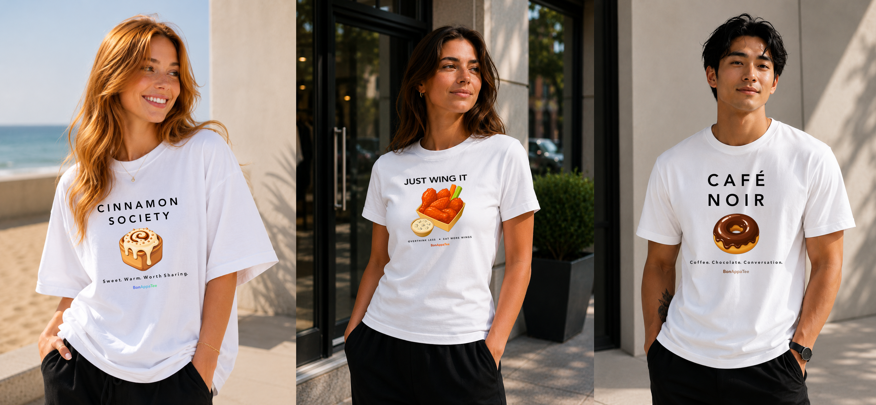 Three models wearing BonAppaTee food graphic tees — female in Cinnamon Society oversized fit, female in Wing It relaxed fit, male in Cafe Noir relaxed fit