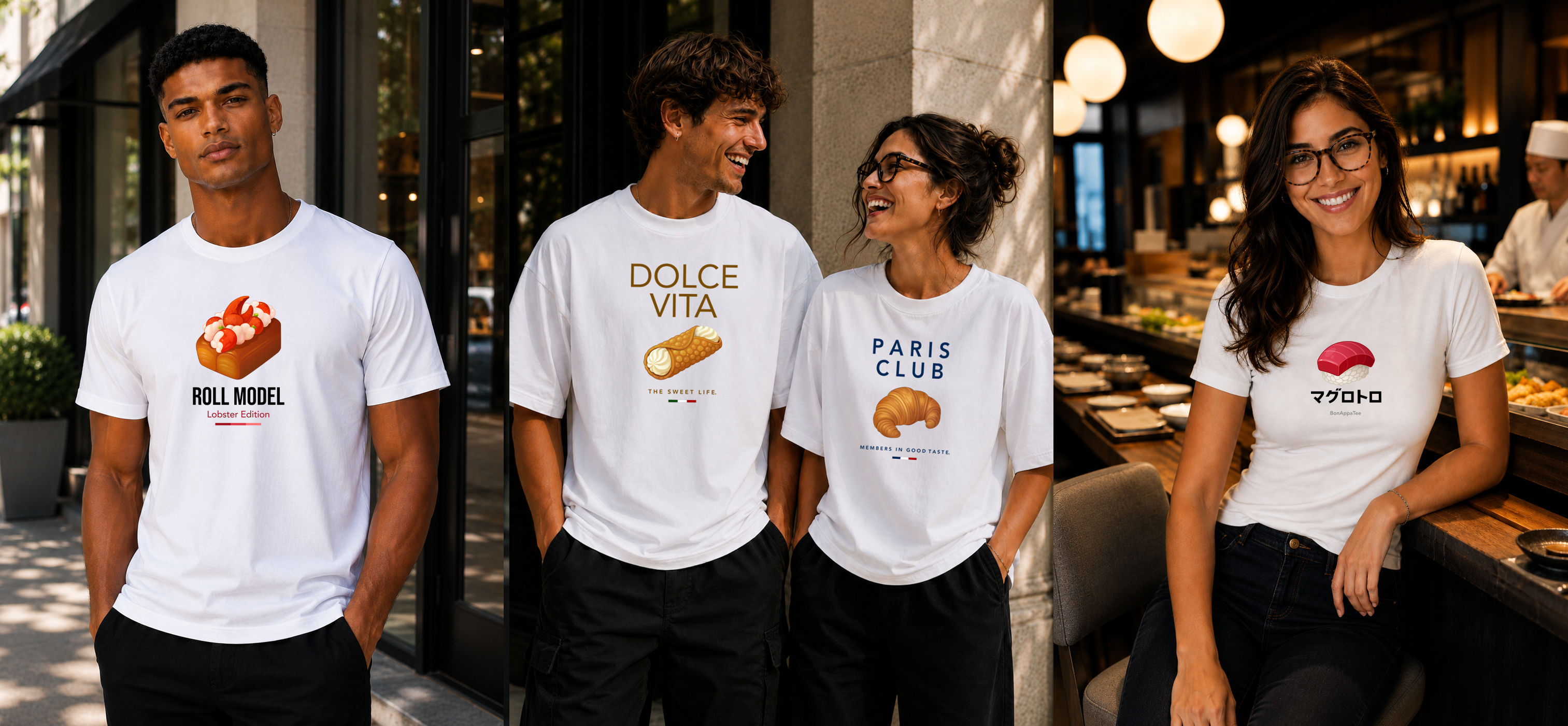 Four models wearing BonAppaTee food graphic tees — male in Roll Model Lobster Edition relaxed fit, male in Dolce Vita oversized fit, female in Paris Club oversized fit, female in Maguro Toro slim fit