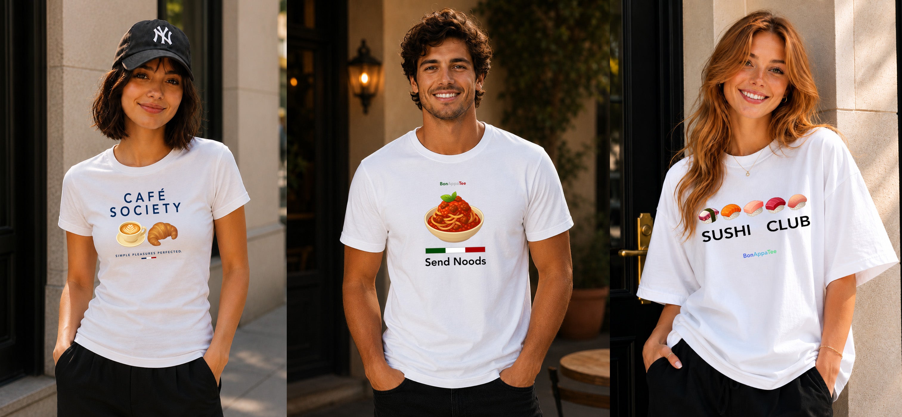 Three models wearing BonAppaTee food-inspired graphic T-shirts featuring Café Society, Send Noods and Sushi Club designs in relaxed and oversized fits.