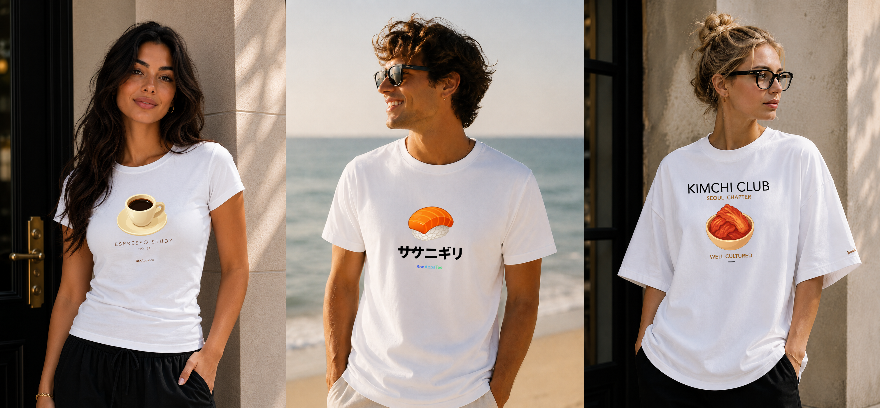 Three models wearing BonAppaTee food graphic tees — female in Espresso Study slim fit, male in Sake Nigiri relaxed fit, female in Kimchi Club oversized fit