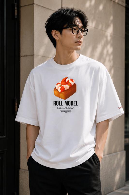 Male wearing Roll Model Lobster Edition Tee — lobster graphic on premium oversized white T-shirt by BonAppaTee