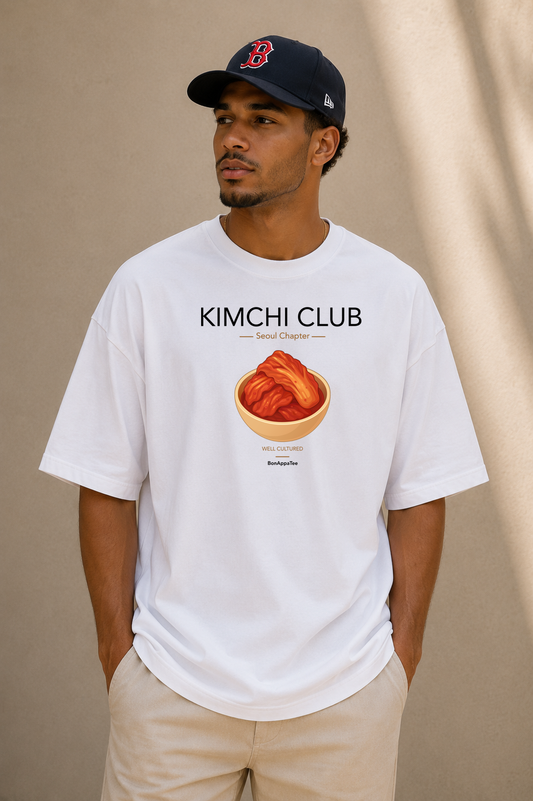 Male wearing Kimchi Club Seoul Chapter Tee — Korean food graphic on premium oversized white T-shirt by BonAppaTee