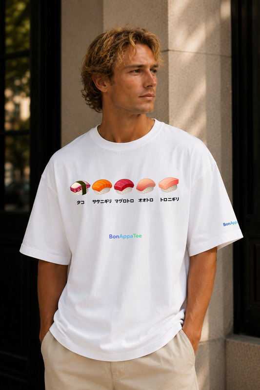 Male wearing Sushi Selection Tee — Japanese sushi graphic on premium oversized white T-shirt by BonAppaTee