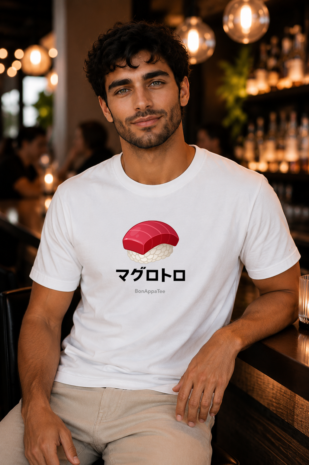Male wearing Maguro Toro Tee — Japanese bluefin tuna graphic on premium relaxed fit white T-shirt by BonAppaTee