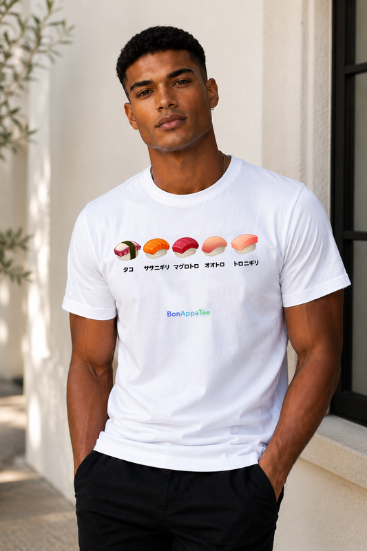 Male wearing Sushi Selection Tee — Japanese sushi graphic on premium relaxed fit white T-shirt by BonAppaTee
