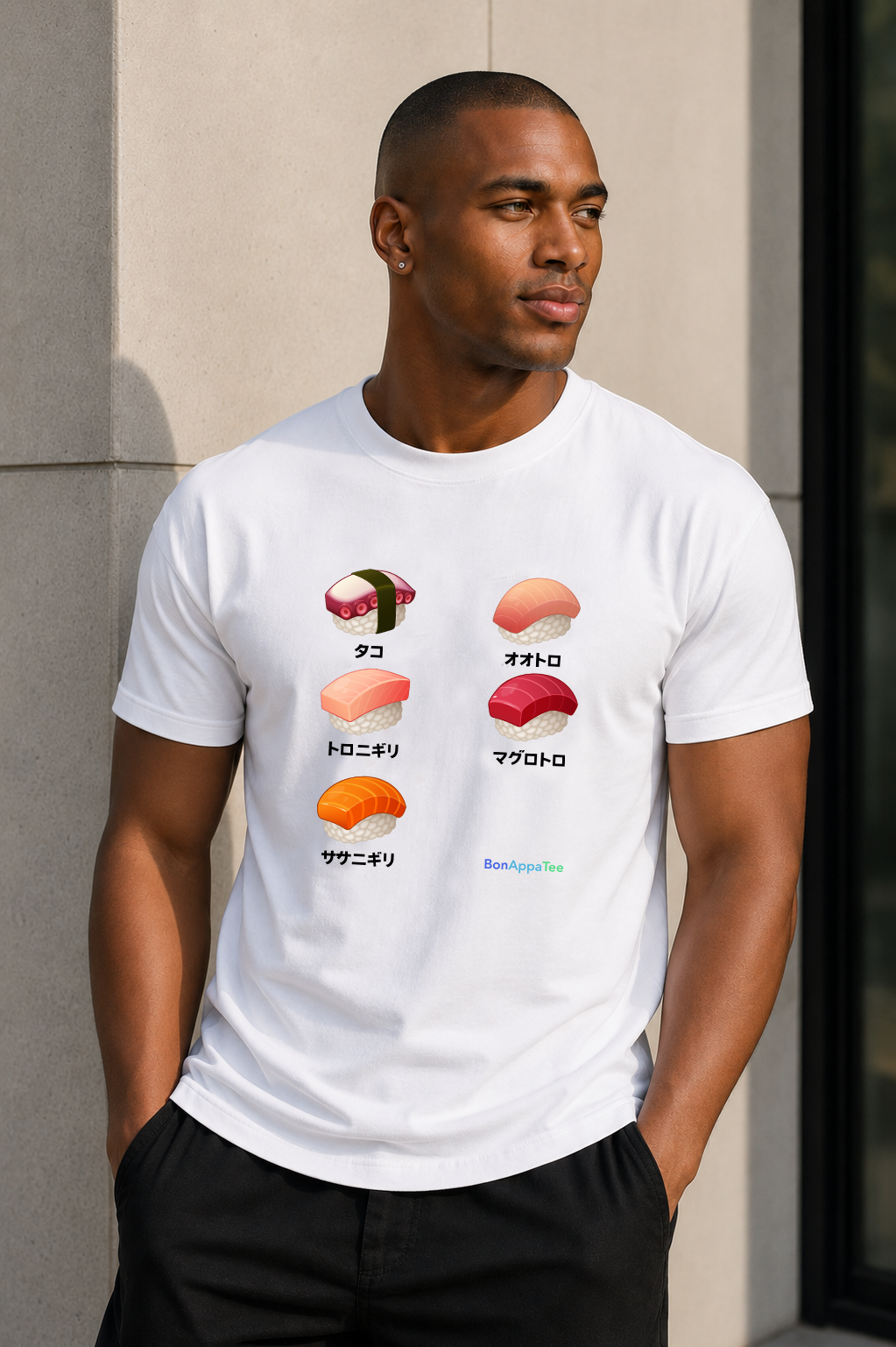 Male wearing Omakase Tee — Japanese sushi graphic on premium relaxed fit white T-shirt by BonAppaTee