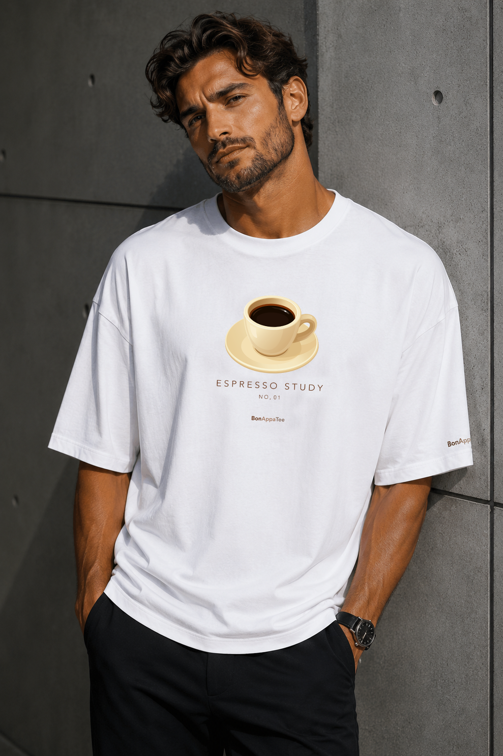 Male wearing Espresso Study Tee — coffee graphic on premium oversized white T-shirt by BonAppaTee