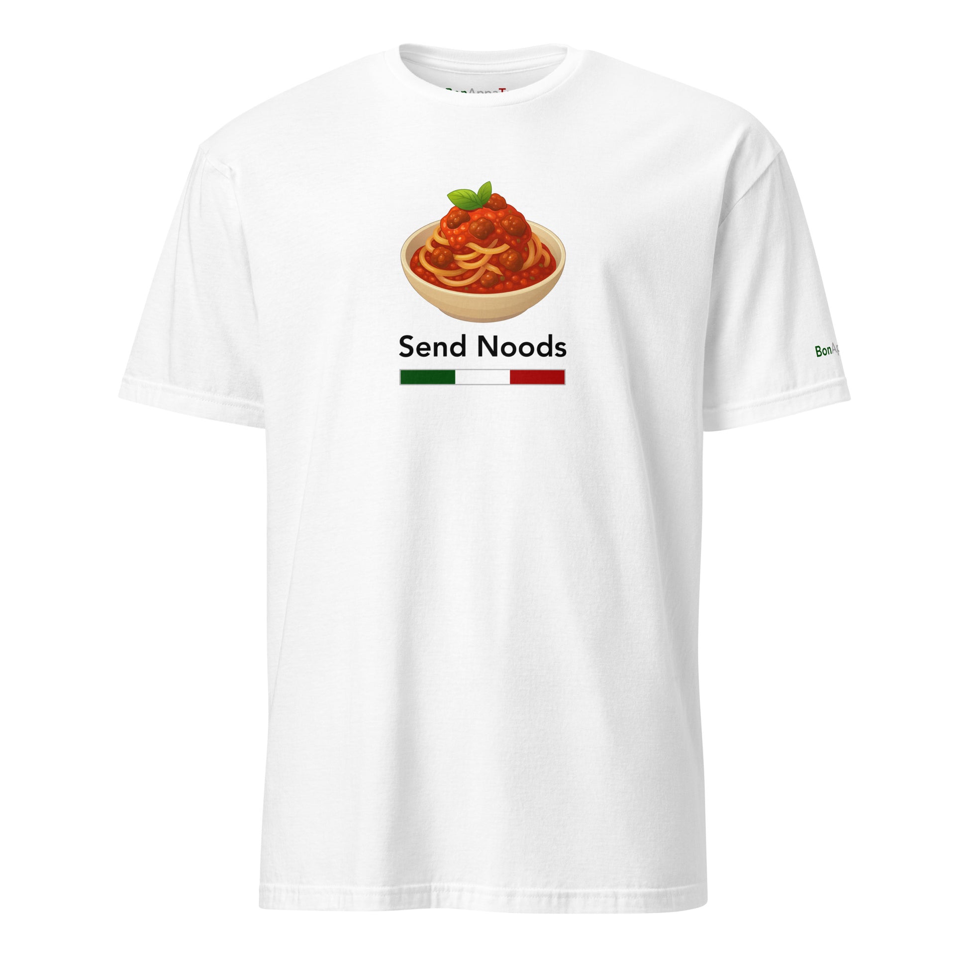 Send Noods Tee — relaxed fit food graphic t-shirt on white background | BonAppaTee