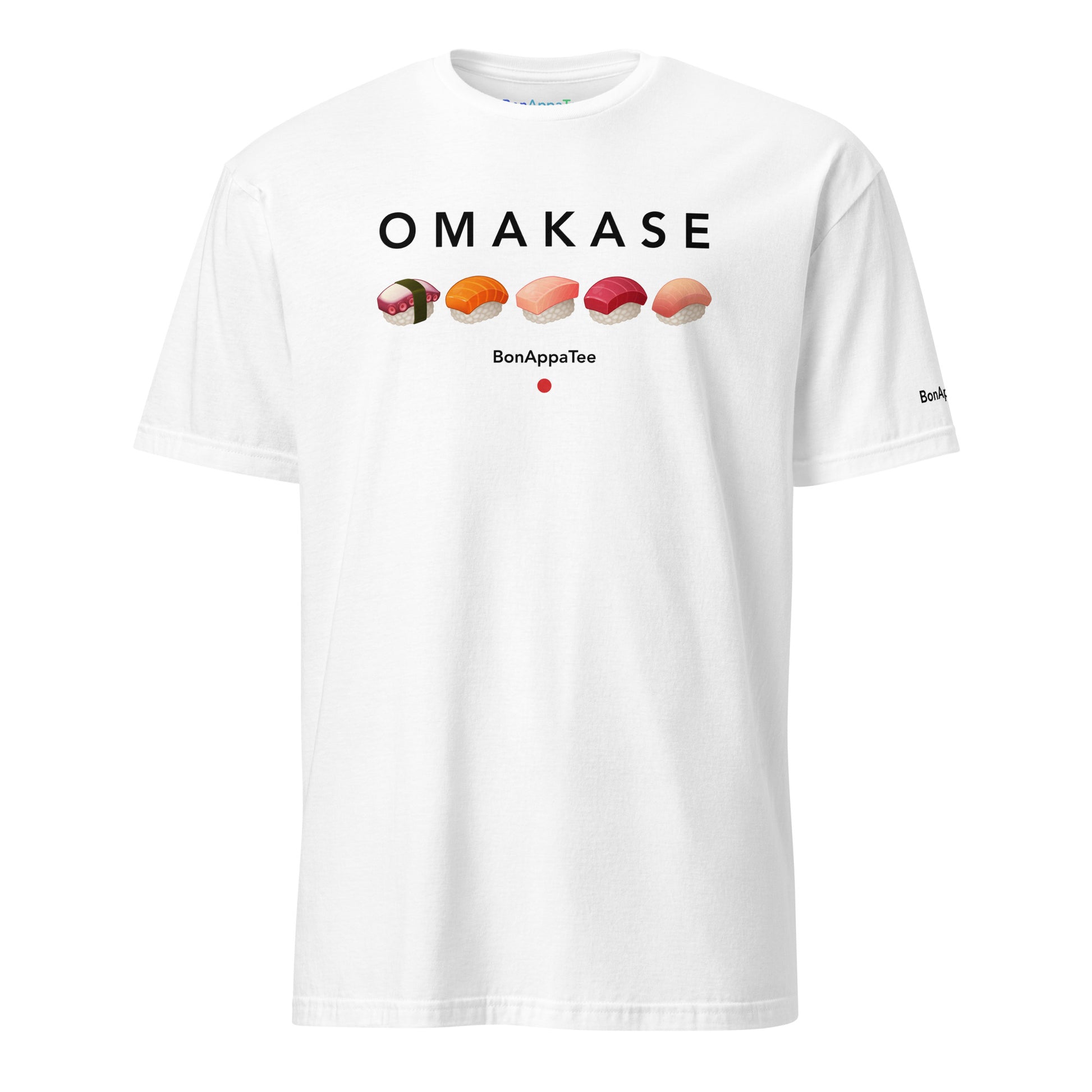 Omakase — relaxed fit food graphic t-shirt on white background | BonAppaTee