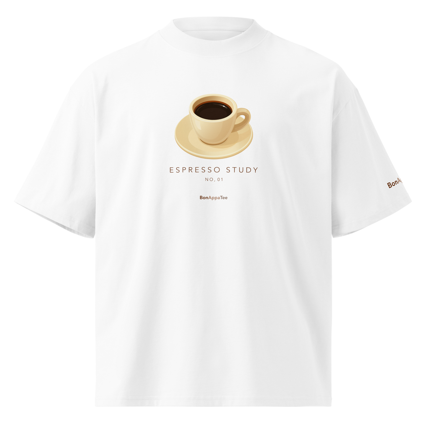 Espresso Study Tee — oversized food graphic t-shirt on white background | BonAppaTee