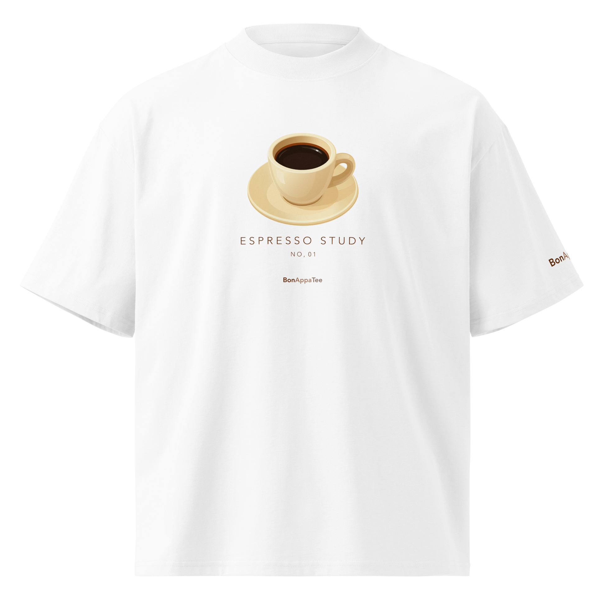 Espresso Study Tee — oversized food graphic t-shirt on white background | BonAppaTee