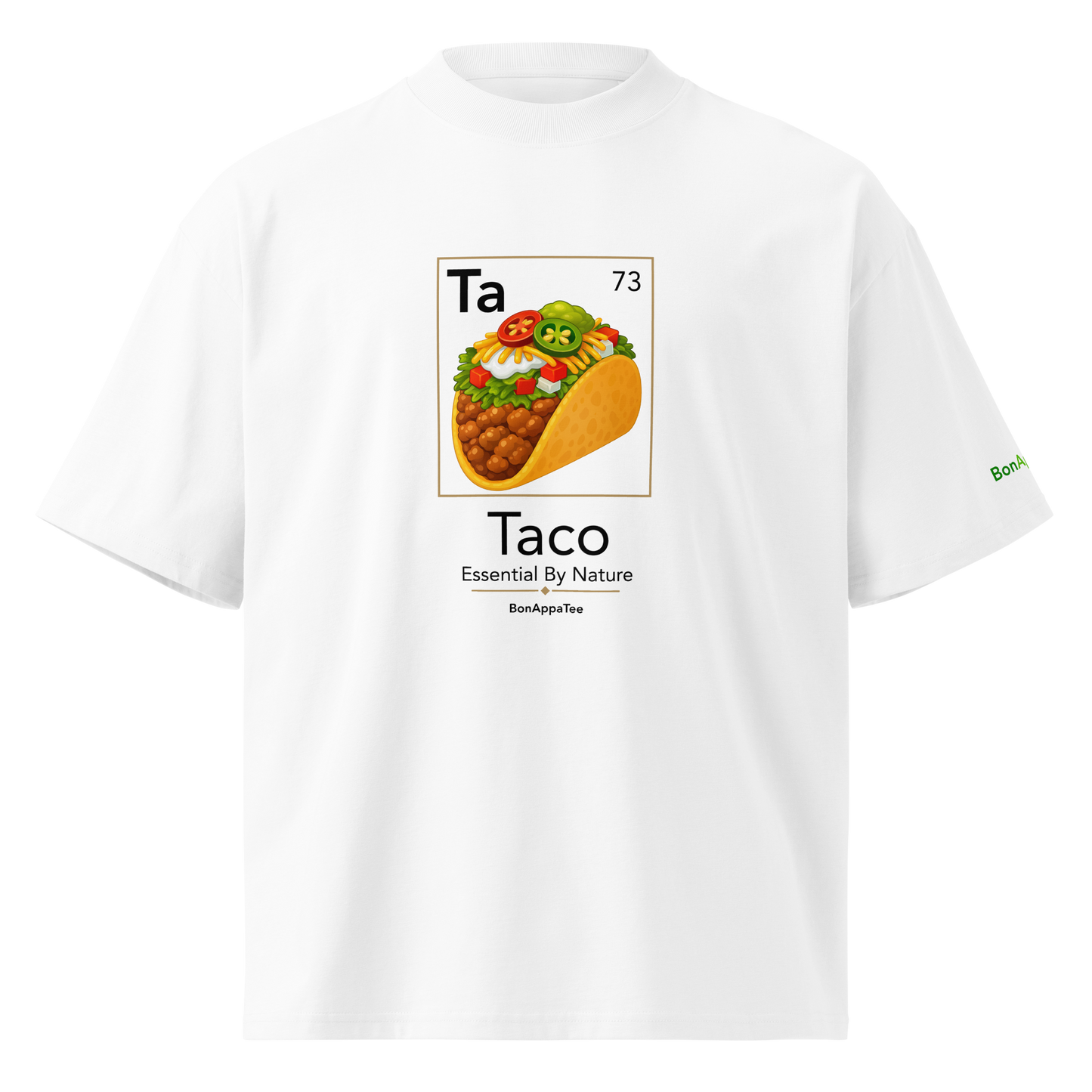 Taco — Essential By Nature Tee — oversized food graphic t-shirt on white background | BonAppaTee