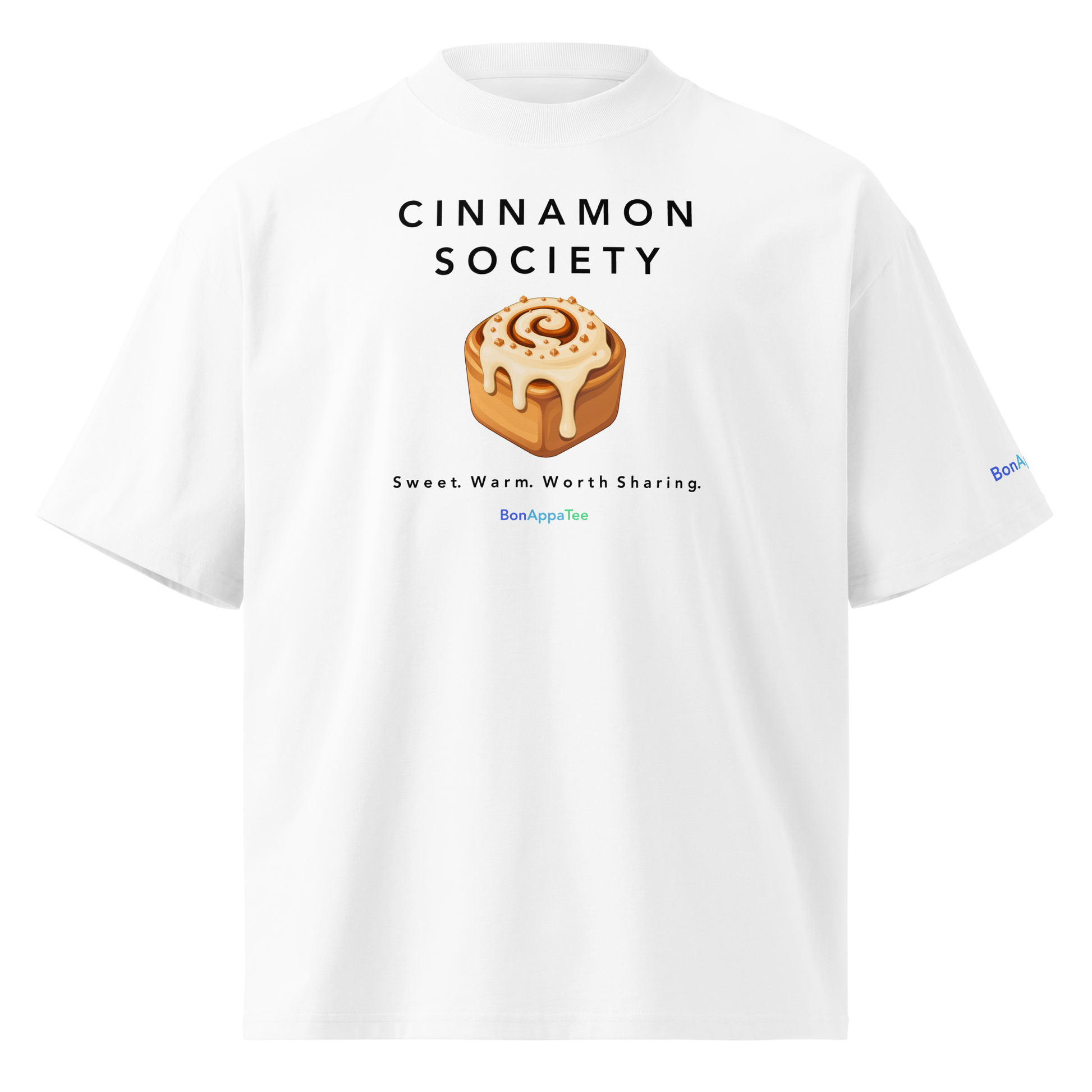 Cinnamon Society Tee — oversized food graphic t-shirt on white background | BonAppaTee