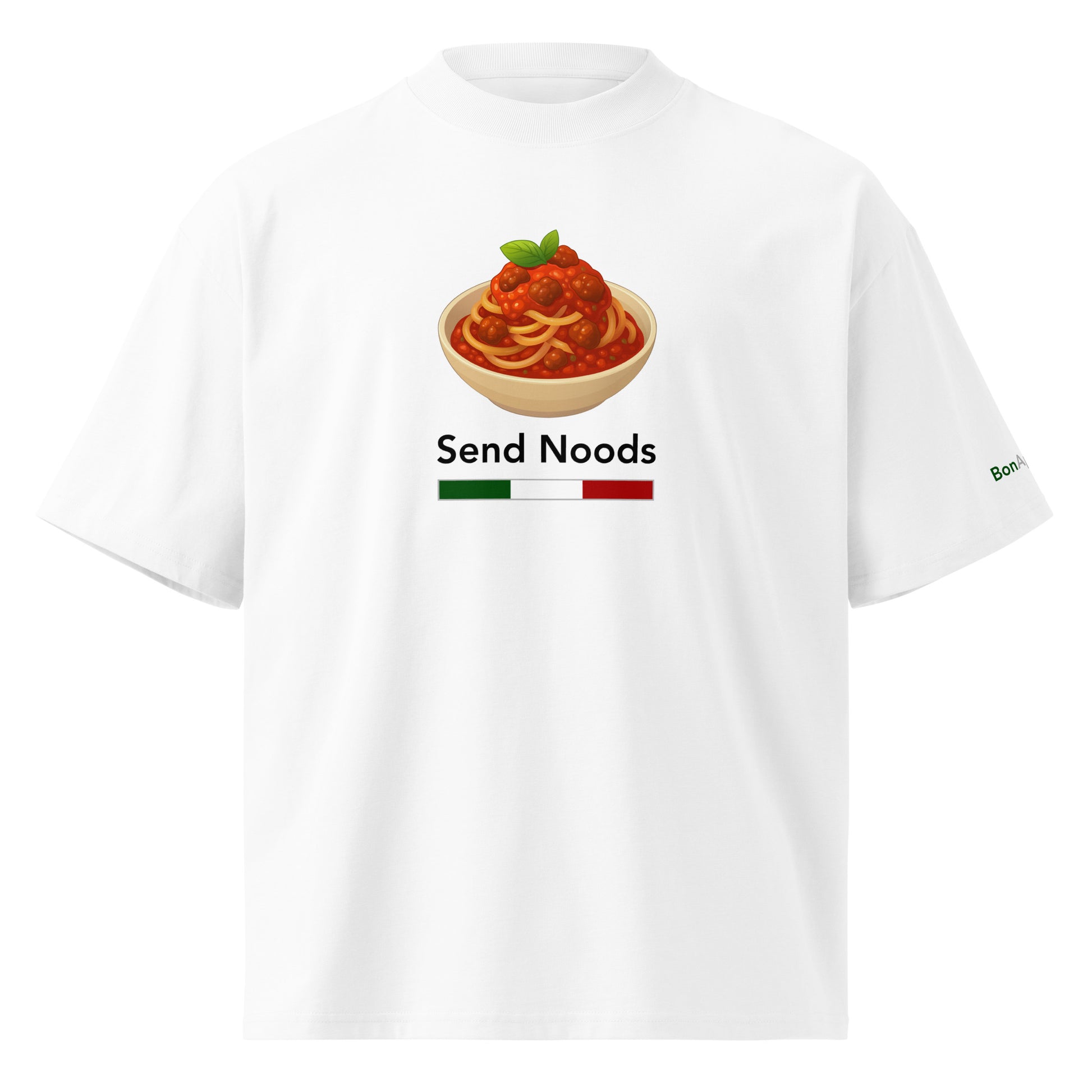 Send Noods Tee — oversized food graphic t-shirt on white background | BonAppaTee