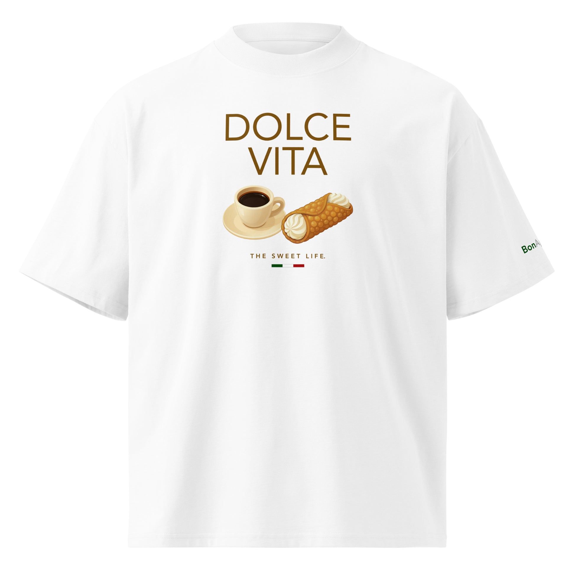 Sicilian Society Tee — espresso and cannoli graphic on premium oversized white T-shirt, front view | BonAppaTee