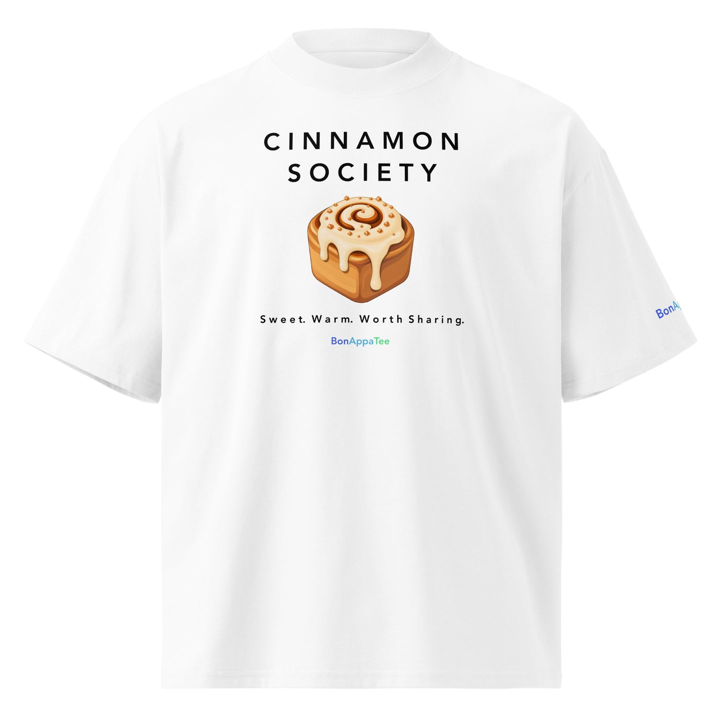Cinnamon Society Tee — oversized food graphic t-shirt on white background | BonAppaTee