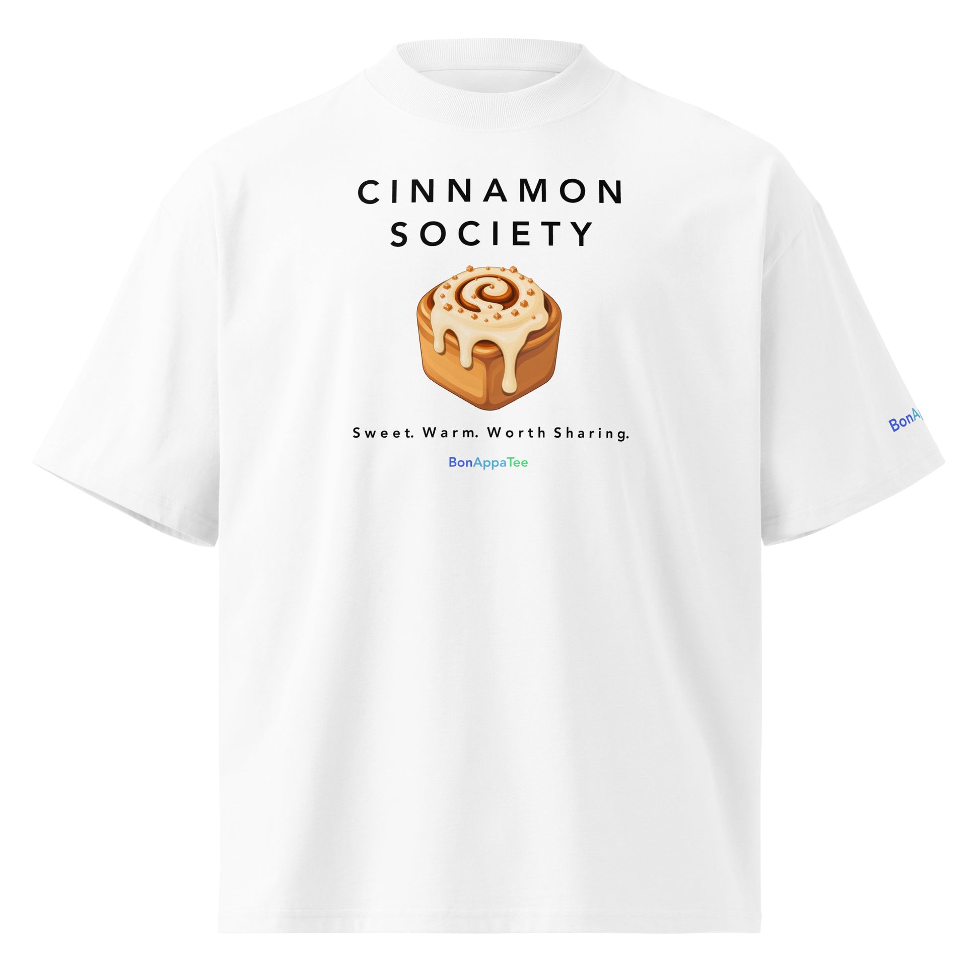 Cinnamon Society Tee — oversized food graphic t-shirt on white background | BonAppaTee