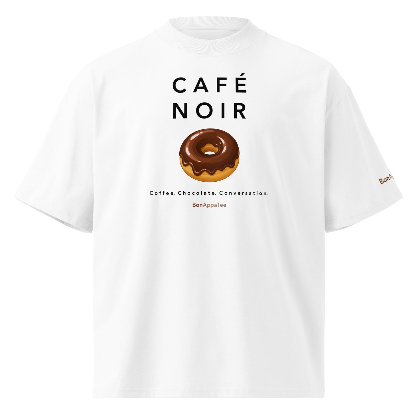 Café Noir Tee — chocolate glazed donut graphic on premium oversized white T-shirt, front view | BonAppaTee