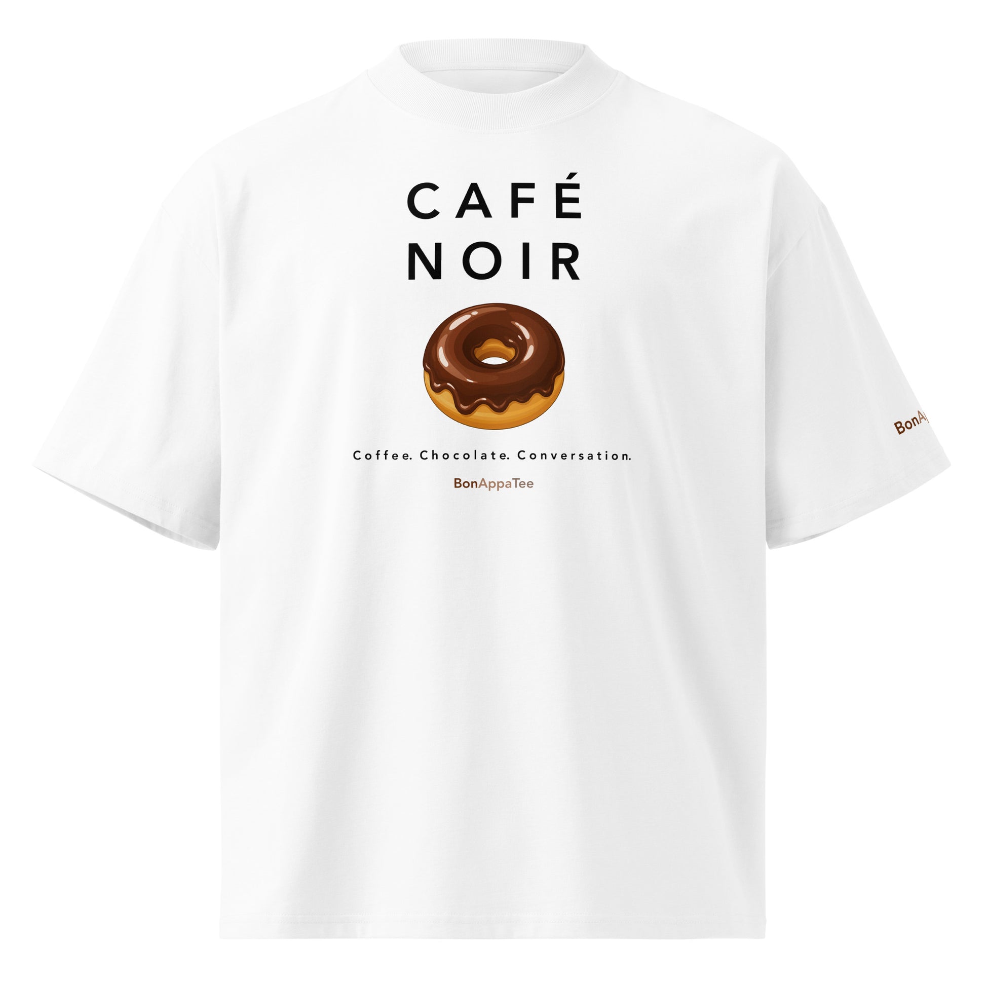 Café Noir Tee — chocolate glazed donut graphic on premium oversized white T-shirt, front view | BonAppaTee