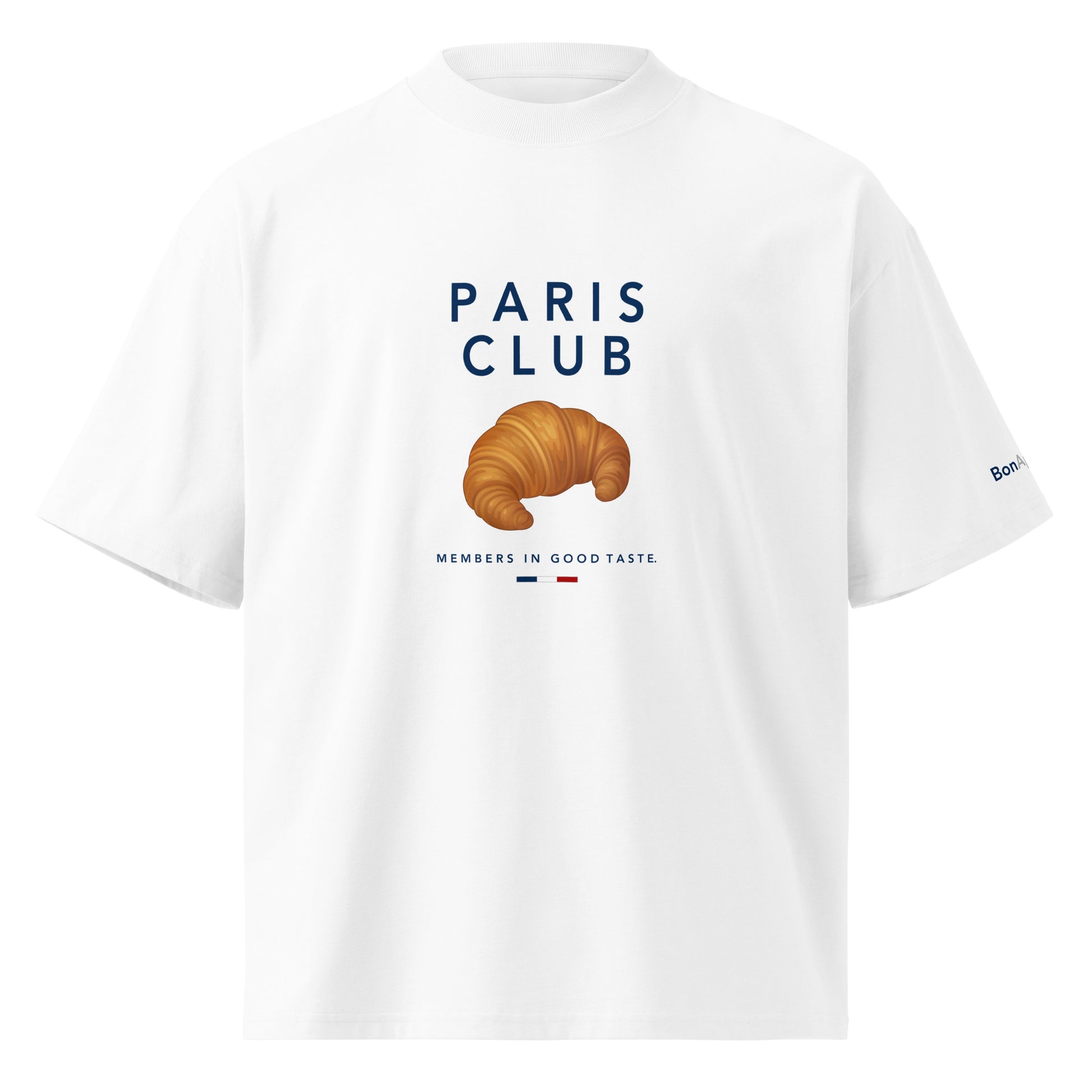Paris Club — croissant graphic on premium oversized white T-shirt, front view | BonAppaTee
