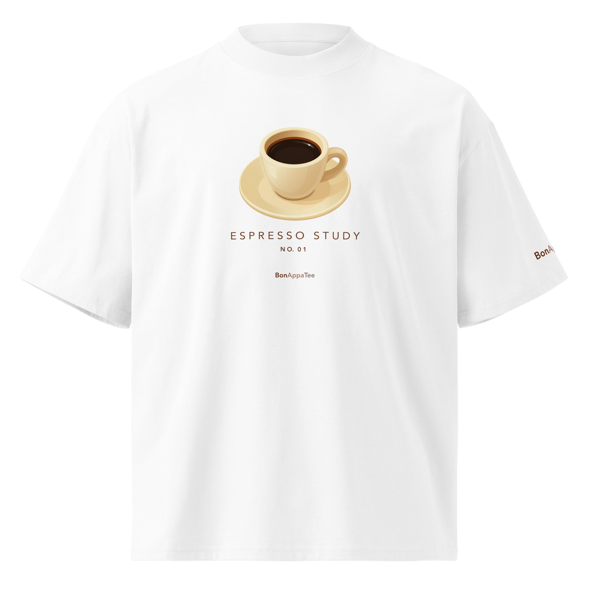 Espresso Study — coffee graphic on premium oversized white T-shirt, front view | BonAppaTee