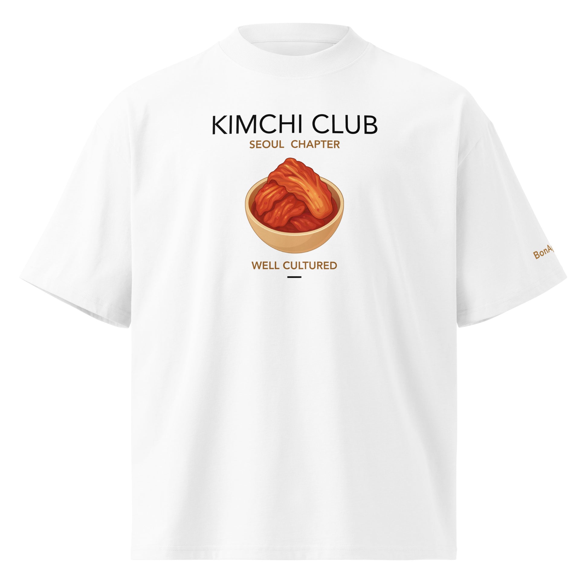 Kimchi Club Seoul Chapter — Korean food graphic on premium oversized white T-shirt, front view | BonAppaTee