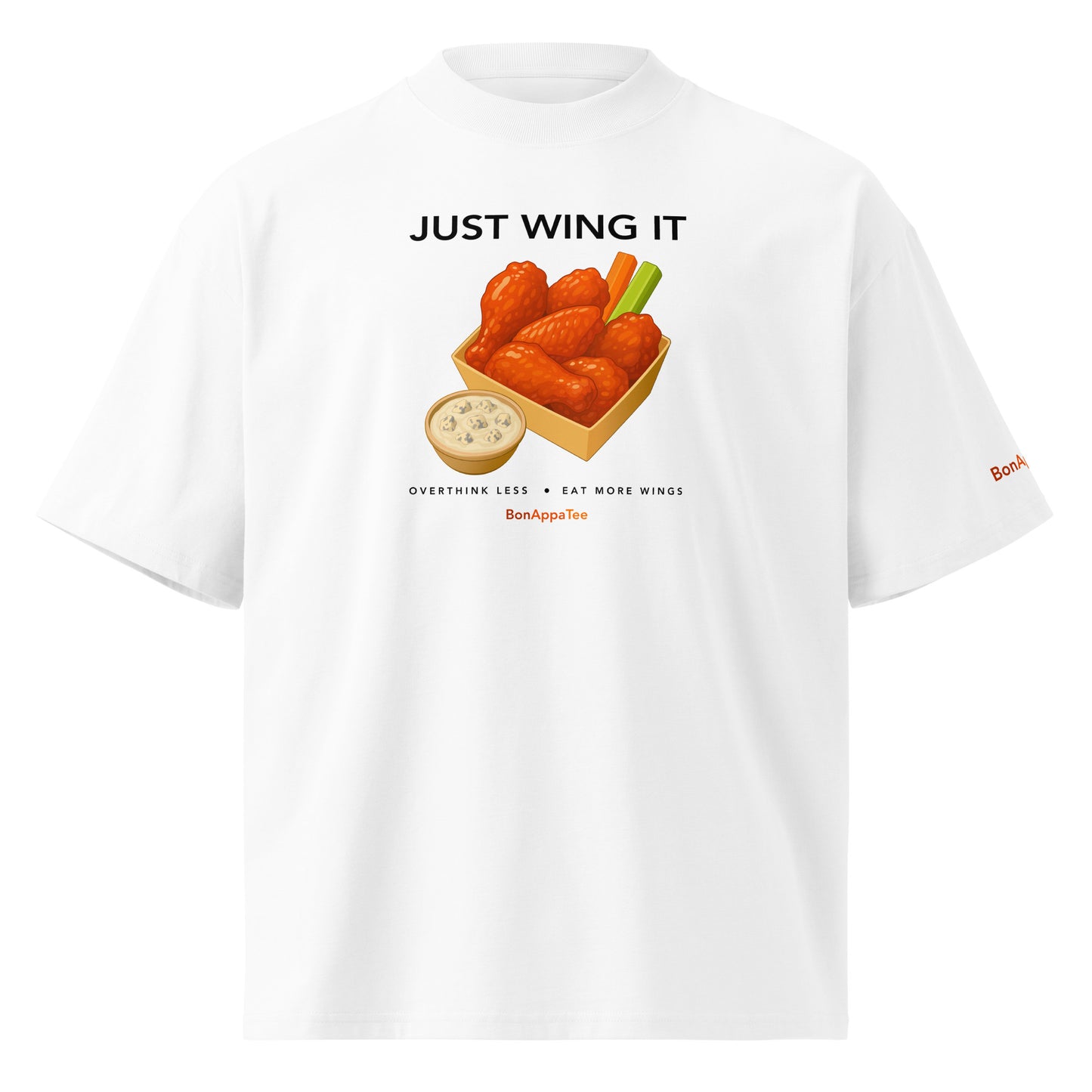 Just Wing It — oversized food graphic t-shirt on white background | BonAppaTee