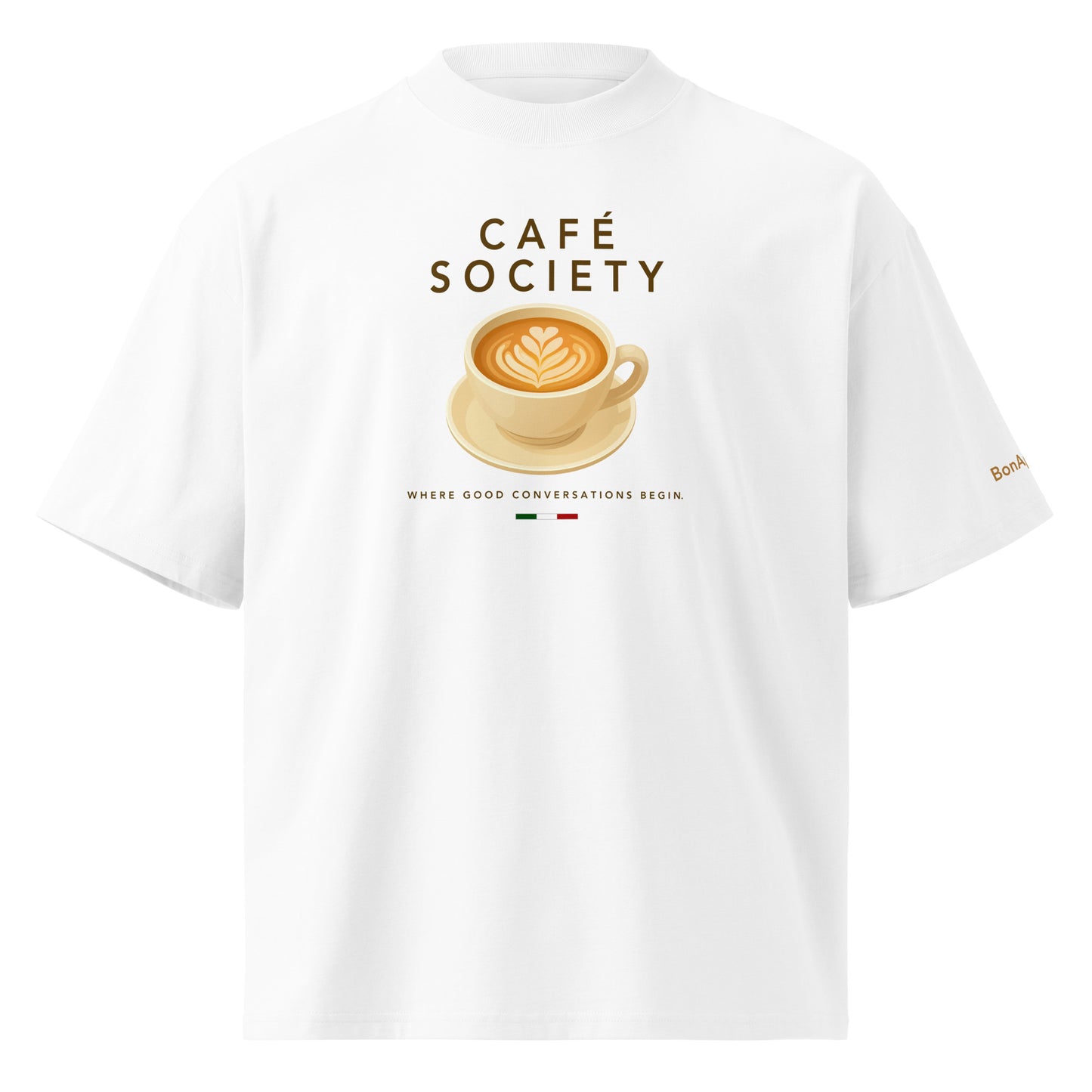 Café Conversations oversized fit cappuccino graphic t-shirt — front view, white | BonAppaTee
