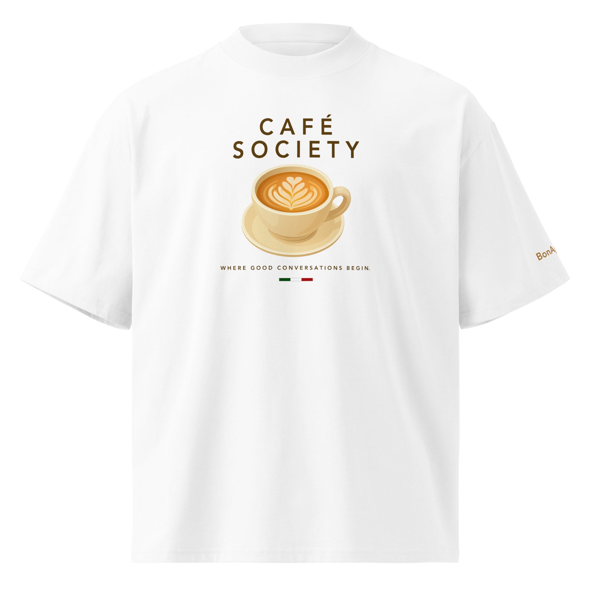 Café Conversations oversized fit cappuccino graphic t-shirt — front view, white | BonAppaTee
