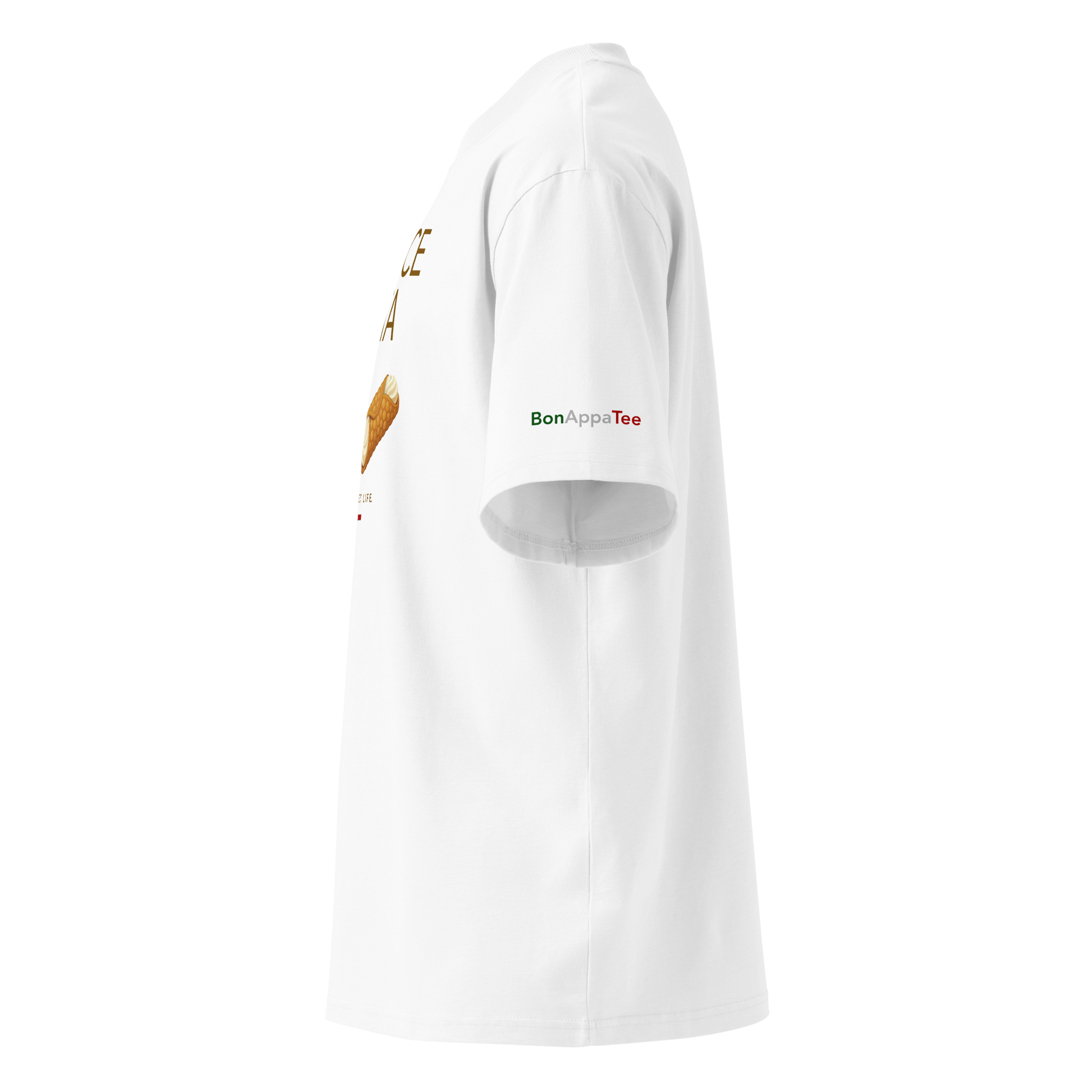 Sicilian Society Tee — side view of espresso and cannoli graphic on premium oversized white T-shirt by BonAppaTee