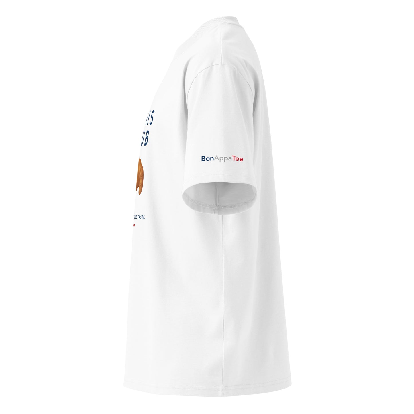 Paris Club Tee — side view of graphic on premium oversized white T-shirt by BonAppaTee