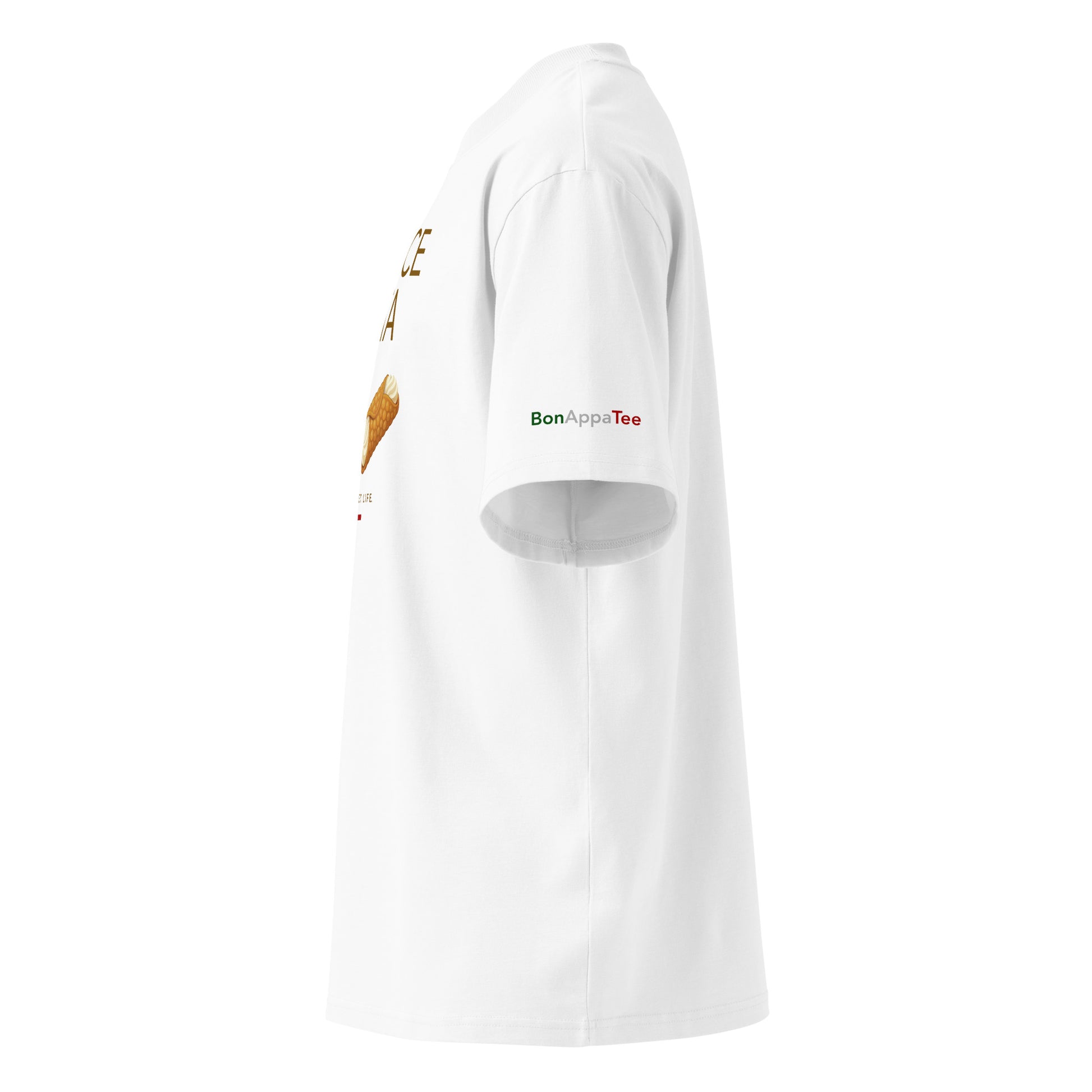 Sicilian Society Tee — espresso and cannoli graphic on premium oversized white T-shirt, side view | BonAppaTee