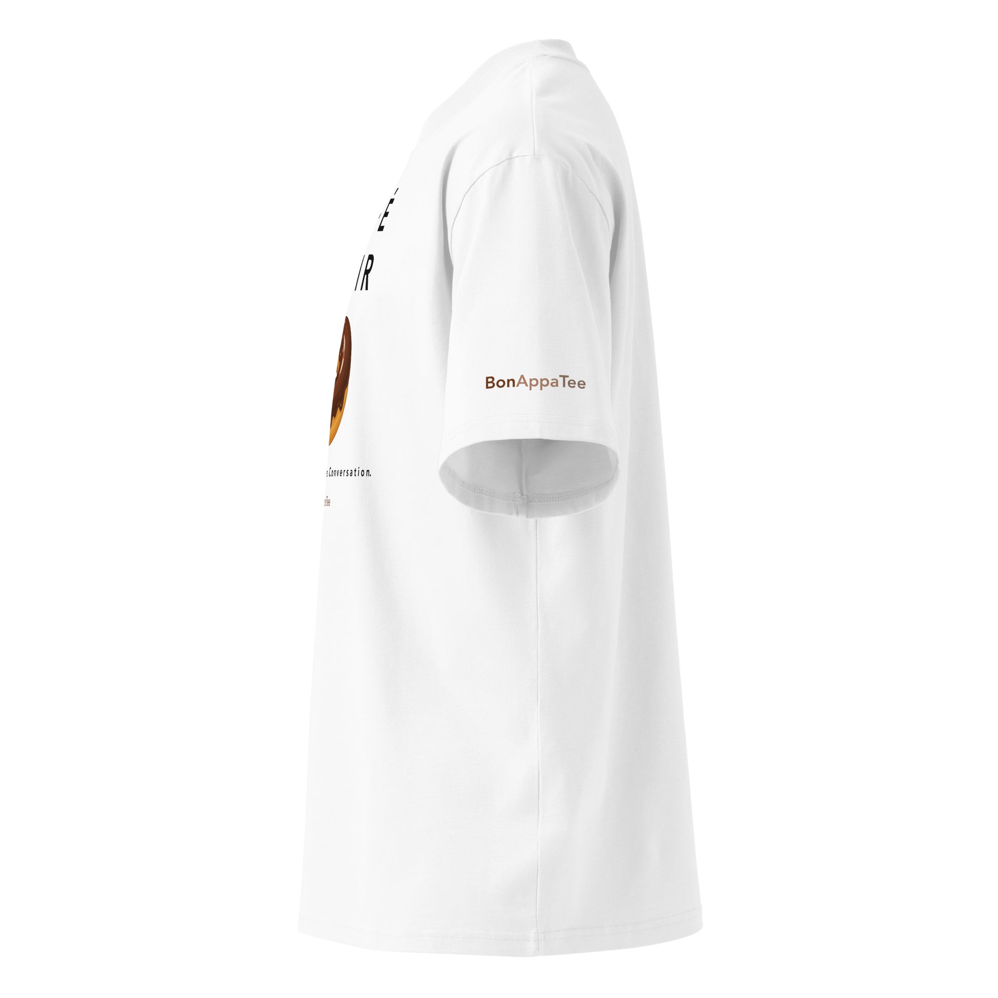 Café Noir Tee — chocolate glazed donut graphic on premium oversized white T-shirt, side view | BonAppaTee