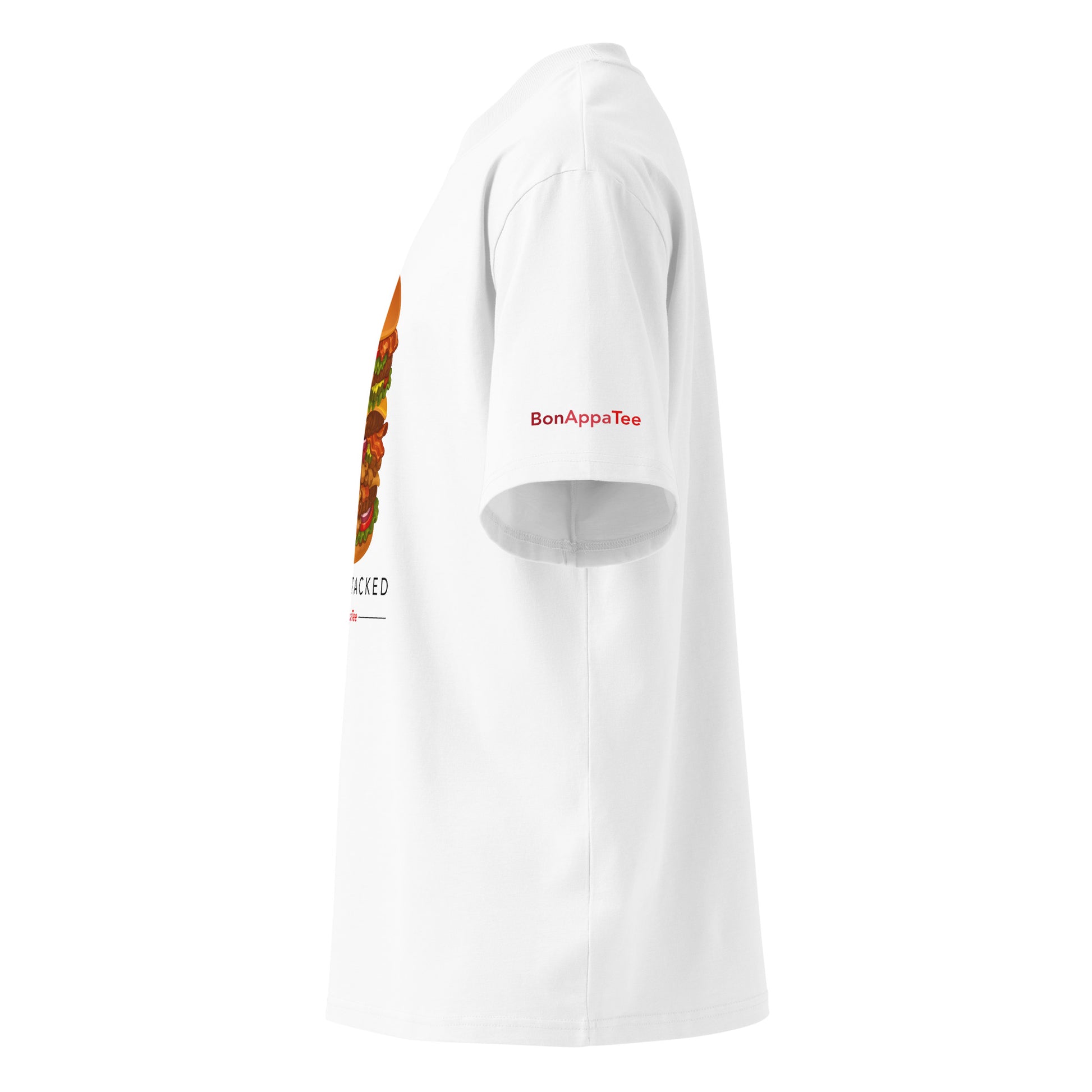 Fully Stacked oversized fit burger graphic t-shirt — side view, white | BonAppaTee