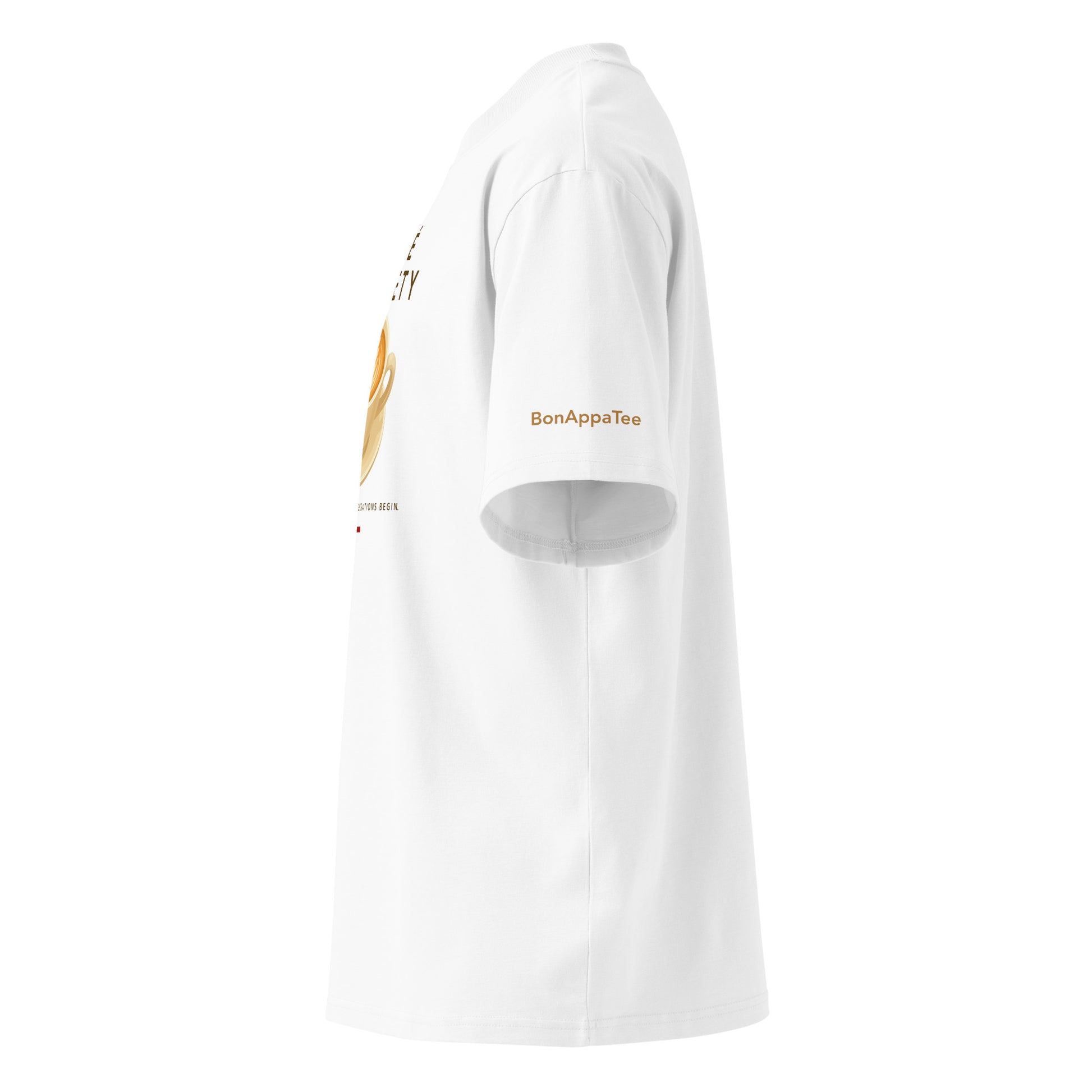 Café Conversations oversized fit cappuccino graphic t-shirt — side view, white | BonAppaTee
